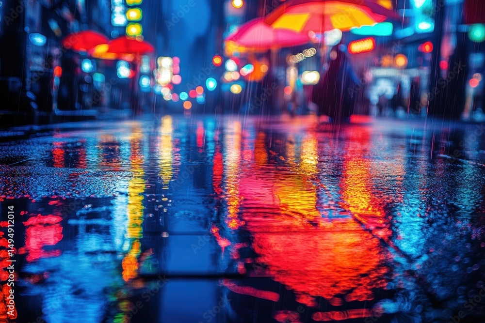 Fototapeta premium Vibrant reflections of neon lights and umbrellas on a rainy street in an urban setting at night