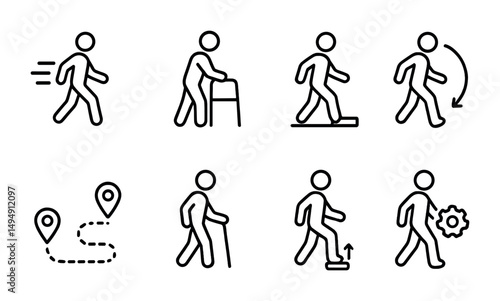 Walking poses outline icons set – linear, silhouette, movement and motion symbols