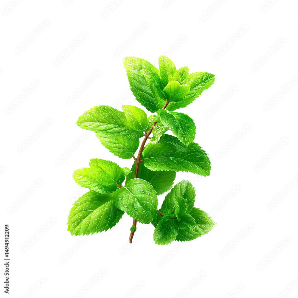 Fresh Peppermint Sprig with Dew Drops - Vibrant Green Herb Closeup Fresh Peppermint Sprig with Dew Drops - Vibrant Green Herb Closeup