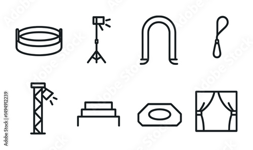 Circus and entertainment linear icons set – line, outline, show and performance graphics