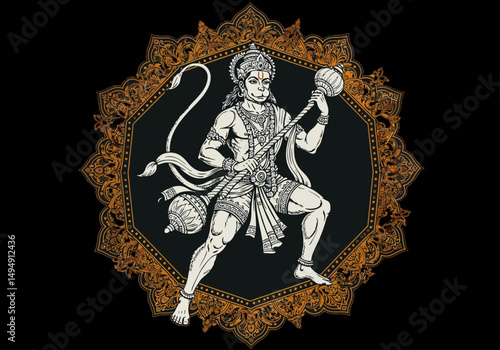 Dynamic Black and White Vector Line Art of Lord Hanuman with Ornate Gada and Mandala in Abhaya Mudra