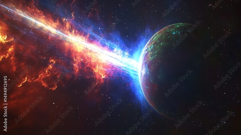 Fototapeta premium Planet with Fiery and Icy Trails in Space, Vibrant cosmic scene depicting a planet with fiery and icy trails in space