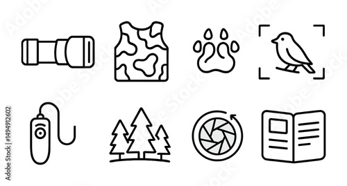 Outdoor adventure icons set – outline, linear, hiking and wildlife symbols
