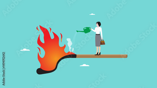 creative idea to solve problem, save asset from financial crisis or economic recession, stop loss to avoid market crash or banking collapse, Businesswoman extinguishes fire on match sticks using water