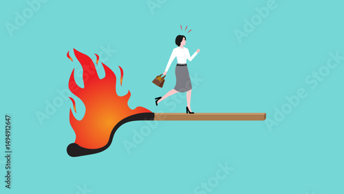 businesswoman running away from fire burning match sticks vector illustration with flat design style suitable to describe about economic recession, investment asset fall down, decline concept