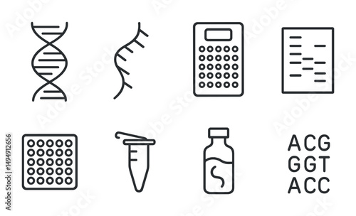 Genetic research icons set in outline style – dna, genome, laboratory symbols