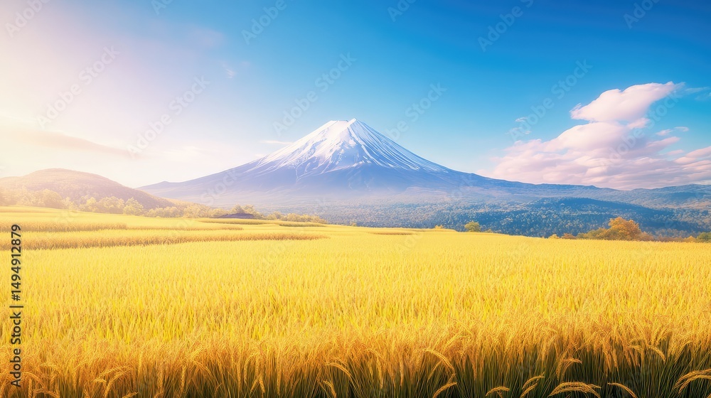 Obraz premium Realistic 3D Mount Fuji view with rippling golden rice fields in the foreground and a crisp blue sky