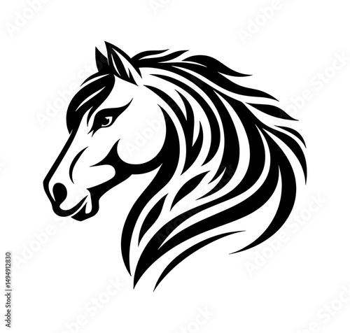 black and white image of a horse's mane and head in profile facing left