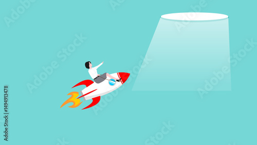new business start up for career success or financial freedom, creative strategy for successful and growing business, businesswoman riding a flying rocket towards the hole of freedom flat illustration