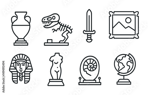 Archaeology and history line icons set – outline, artifacts, ancient symbols