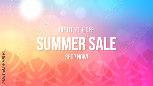 Summer Sale Commercial. Summertime season sale promotional banner with vibrant color blurred gradients and summer sun. Vector illustration.