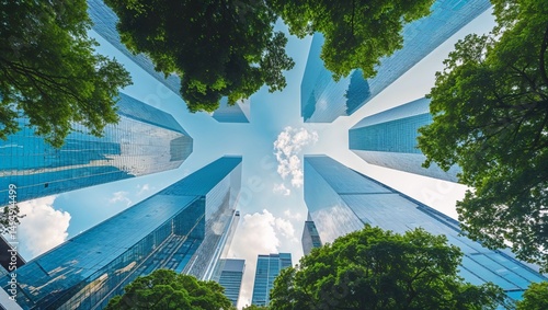 Worm's eye view of tall buildings with green trees against a blue sky on a bright sunny day in the city