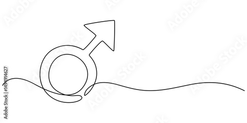 one continuous line drawing of male symbol.one line drawing of male gender sign icon. single line vector illustration. isolated white background, One continuous line drawing of male symbol.