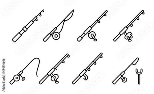 Fishing tools line icons set – outline, gear, equipment symbols for anglers