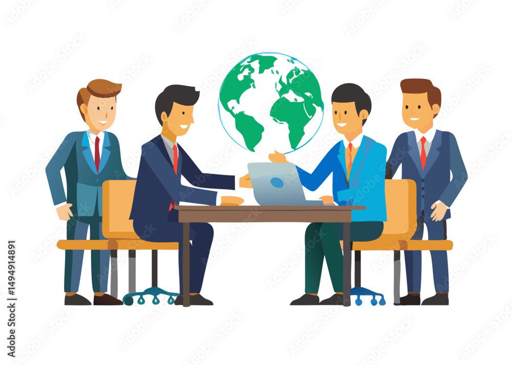 Business Agreement Concept. Vector illustration in flat style of a group of diverse people sitting at a desk and two businessmen at the head shaking hands with a world Business Agreement Concept. Vector illustration in flat style of a group of diverse people sitting at a desk and two businessmen at the head shaking hands with a world