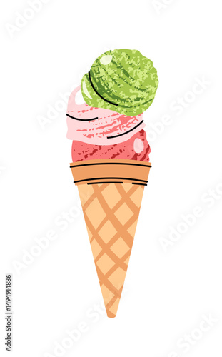 Watermelon Ice Cream Scoops in Waffle Cone. Flat Design Sorbet on White Background. Refreshing Summer Dessert, Sweet Treat. Perfect for Logos, Stickers, Packaging, Food Branding, Labels
