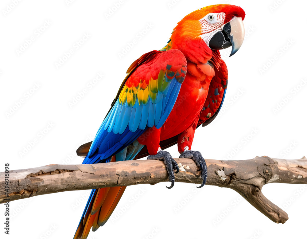 Obraz premium A red, blue, and yellow macaw parrot sitting on a tree branch isolated on a transparent background