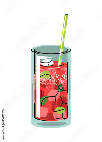 Watermelon cocktail with ice, mint leaves and straw, flat design vector illustration on white background. Refreshing summer drink, cold fruity beverage. Perfect for bar menu, food packaging, cafe