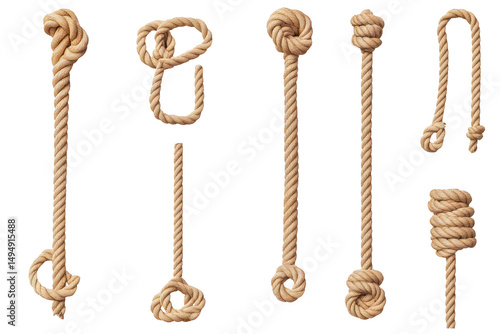 A collection of various rope knots and rope segments displayed against a black background in a studio shot