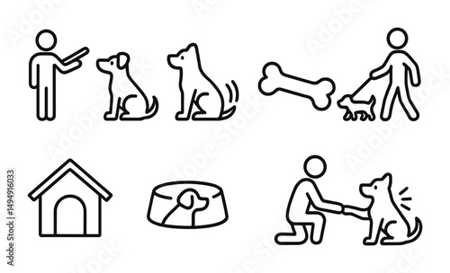 Dog training outline icons set – pet care, obedience, line style symbols