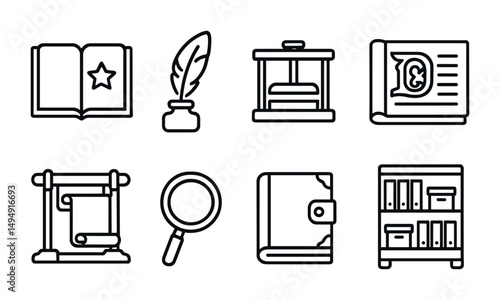History and literature outline icons set – line, education, and study symbols