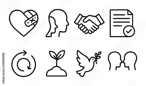 Conflict resolution line icons set – outline, peace, negotiation and agreement symbols