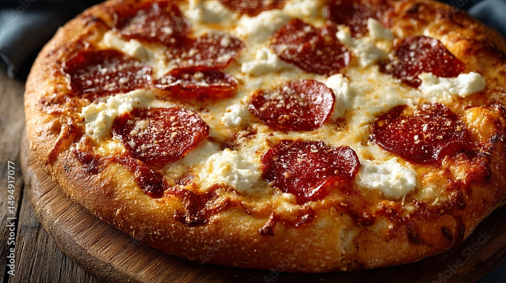 Delicious pepperoni pizza with melted mozzarella cheese overhead view, warm lighting highlighting fresh ingredients, crispy crust, savory Italian food Delicious pepperoni pizza with melted mozzarella cheese overhead view, warm lighting highlighting fresh ingredients, crispy crust, savory Italian food
