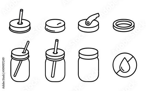 Eco-friendly beverage line icons set – solid, outline, reusable straw designs