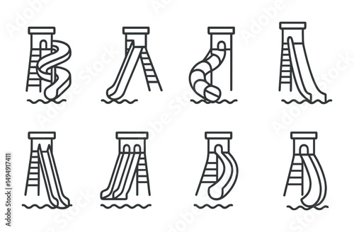 Water slide line icons set – outline, flat, aquatic recreation symbols