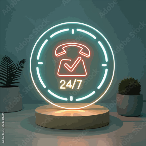 24/7 continuous support service concept. presents glowing icon representing 24/7 customer support, symbolizing nonstop assistance, helpline service, and reliable customer care solutions.