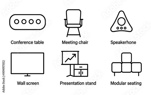 Office furniture line icons set – minimalist, outline, workspace and design elements