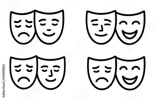 Theater masks outline icons set – drama, art, performance vector symbols