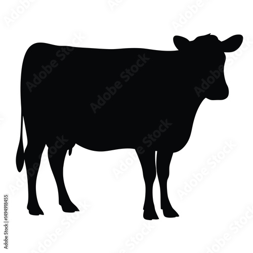 Silhouette of a cow standing still, isolated against a white background