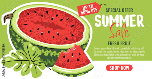 Summer Sale Banner with Half Watermelon, Flat Design Horizontal Promo Template. Fruit Background for Seasonal Discount, Food Marketing, Grocery Ads Social Media Campaign, Website, Store Promotion.