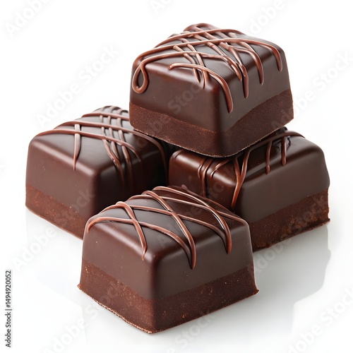 Chocolate bonbons, square shape, glossy surface, dark chocolate drizzle, stacked confections, rich brown color, decadent dessert, on white background
