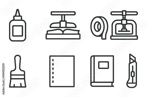 Bookbinding tools line icons set – outline, crafting, diy materials