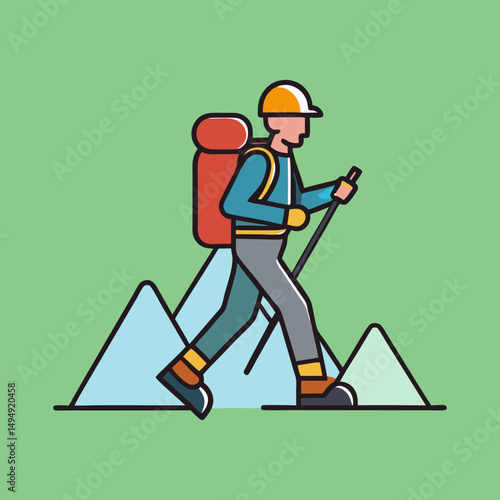 Minimalist Vector Illustration of a Hiker with Backpack Climbing Mountain