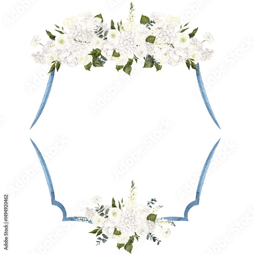 Hand draw frame with watercolor and graphic blue and white flowers, wildflowers and hydrangea, isolated on white background