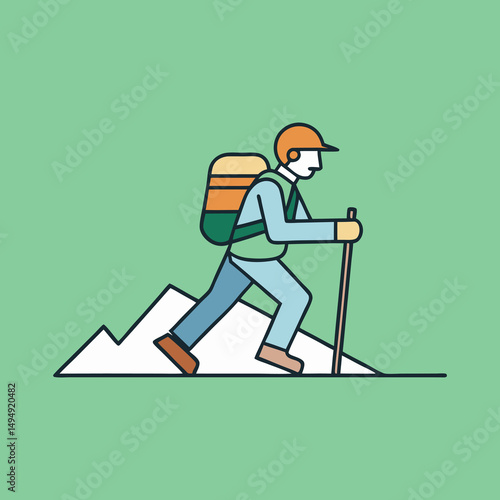 Minimalist Vector Illustration of a Hiker with Backpack Climbing Mountain