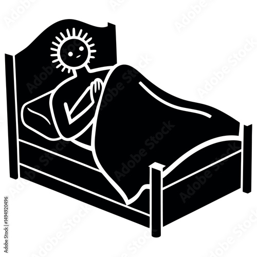 Sunrise in Bed: A personified sun figure comfortably rests in bed under a cozy blanket, a charming illustration for rest, good morning or dream themes.