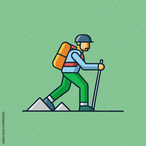 Minimalist Vector Illustration of a Hiker with Backpack Climbing Mountain