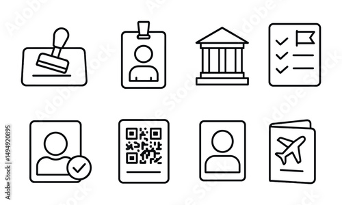 Verification and security icons set – outline, linear, id and travel symbols