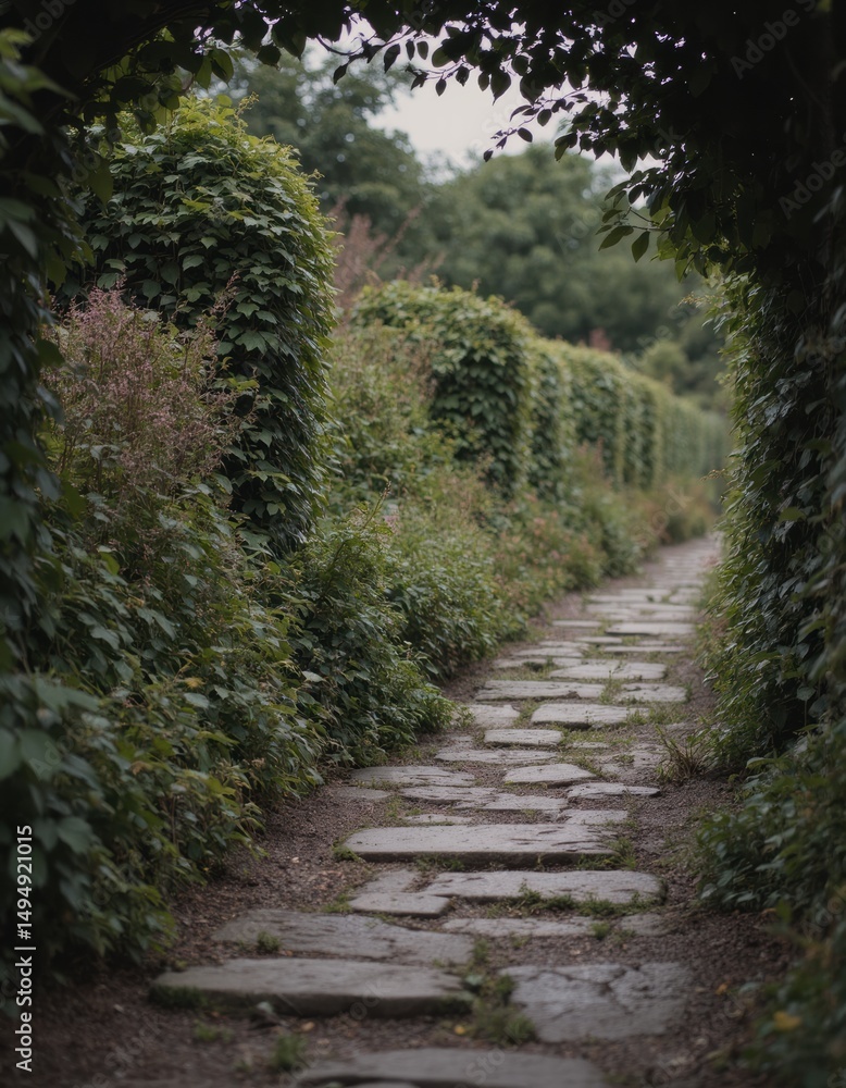 Obraz premium Serene stone pathway surrounded by lush greenery and ivy-covered hedges
