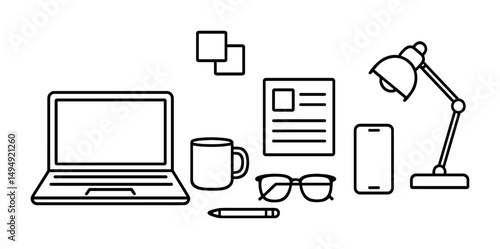 Office workspace icons set – outline, linear, business and productivity symbols