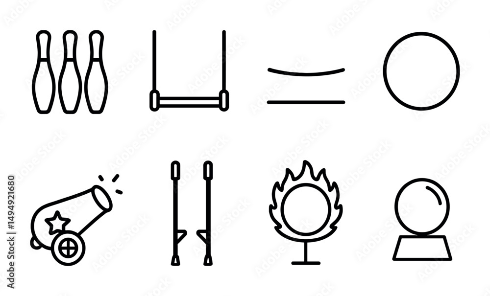 Obraz premium Circus and entertainment outline icons set – linear, silhouette, performance symbols