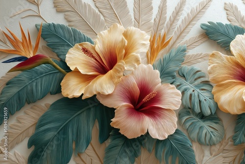 Wallpaper Mural Delicate floral arrangement of hibiscus and exotic birds of paradise. Torontodigital.ca