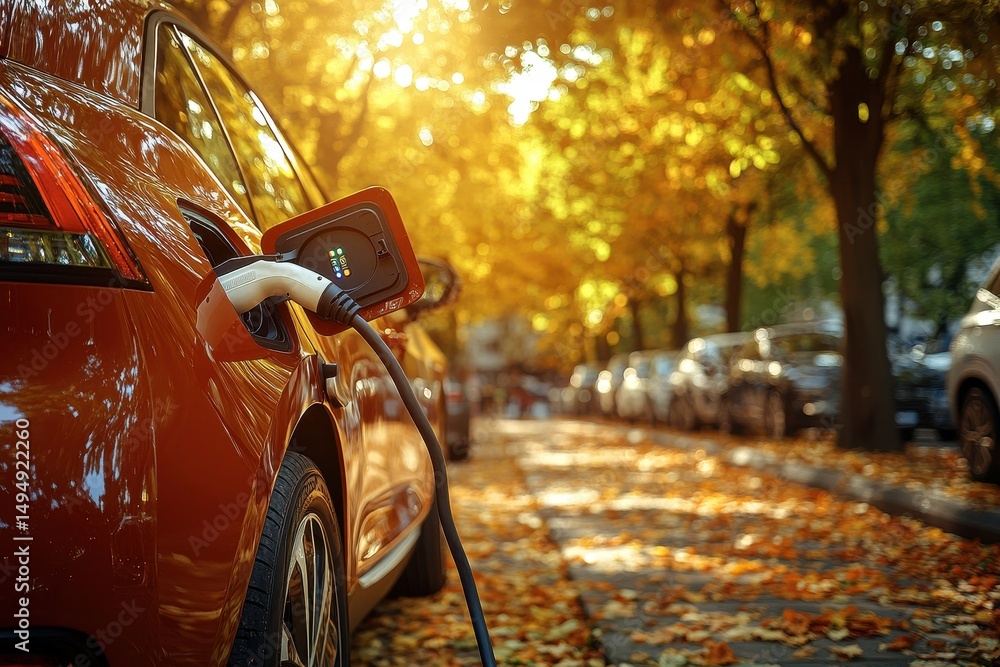 Electric vehicle charging in an autumn setting with colorful leaves on a city street Electric vehicle charging in an autumn setting with colorful leaves on a city street