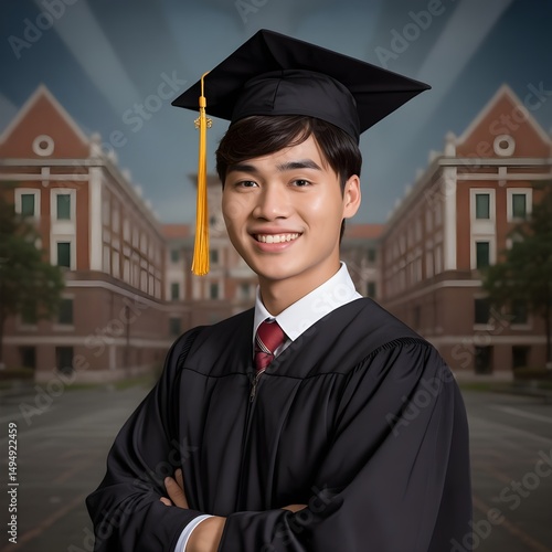 Vietnamese Graduate in Traditional Gown Holding Diploma, Proud Smile at University Library