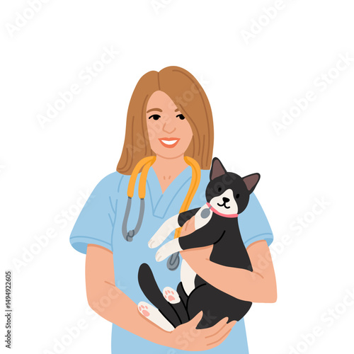 Veterinarian doctor with cat patient in hands. Happy woman vet holding pet. Smiling female veterinary professional with feline animal in arms. Flat vector illustration isolated on white background