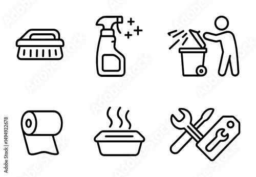Cleaning and hygiene icons set – outline, line, sanitation and cleaning symbols